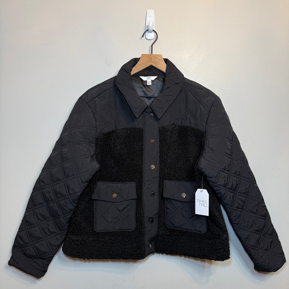 Time and Tru Kids Black Mixed Media Quilted Sherpa Cropped Shacket Large 12-14